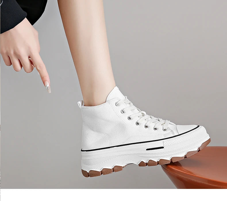 2026Women Canvas Shoes High Top Women's Vulcanize Shoes Lace-Up Casual Ladies Sneakers Plarform Non-slip Round Head Female Shoes