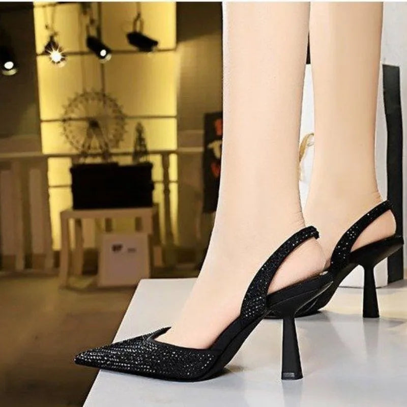 Gold Women Heels Sandals 2024 Summer Crystal Pointed Toe Female Stiletto African Party Rhinestone Shallow Slip on Heel Shoes