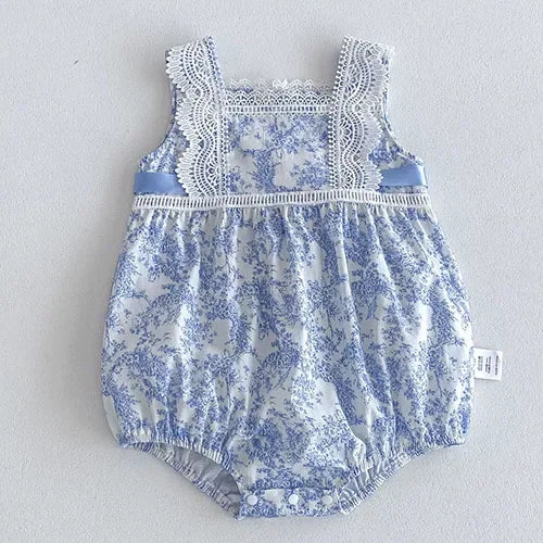 2025 New Summer Korean Style Climbing Suit Flying Sleeve Cotton Lace Splicing Toddler Baby Girls Jumpsuit 0-24M Baby Clothing
