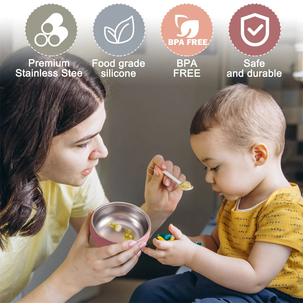 2PCS Baby Feeding Set Stainless Steel Silicone Detachable Bowl Heat Resistant Food Dishes Plate BPA Free Children's Tableware