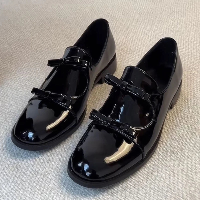Preppy Double Bowtie Oxfords Woman Low Heels Flats Shiny Small Leather Shoes Ladies College Girls Sneakers Femmes Derby Loafers