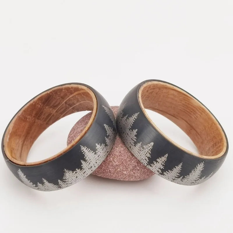 Somen 8mm Tungsten Carbide Wine Barrel Wood Ring For Men Brushed Laser Forest Pattern Engagement Wedding Bands Fashion Jewelry