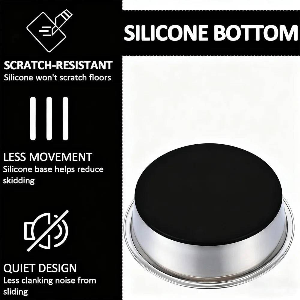 Stainless steel dog bowl, available in three sizes, with a silicone non-slip base, suitable for small, medium, and large dogs
