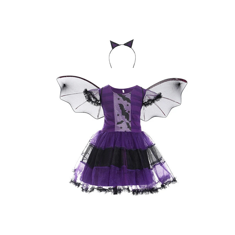 5 Styles Halloween Costume for Kids Girls Purple Bat Dress Halloween Fantasy Vampire Costume with Hat Broom Pumpkin Belt Set