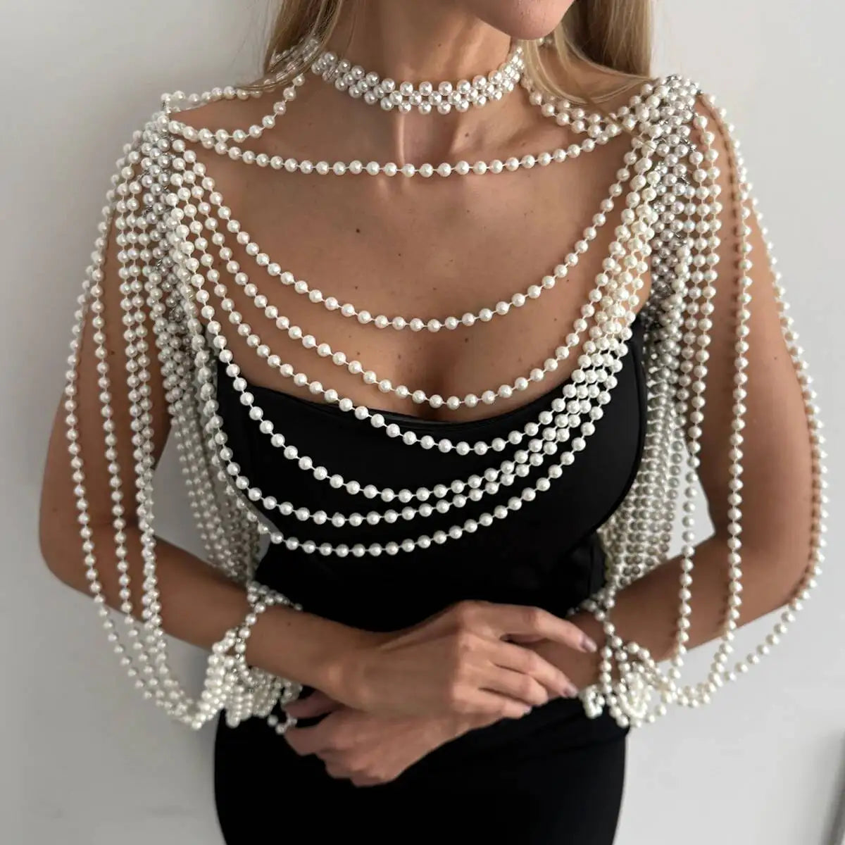 KunJoe Luxury Multi-layer Imitation Pearl Shawl Body Chain Women Elegant Long Necklace Body Jewelry Bride Wedding Accessories