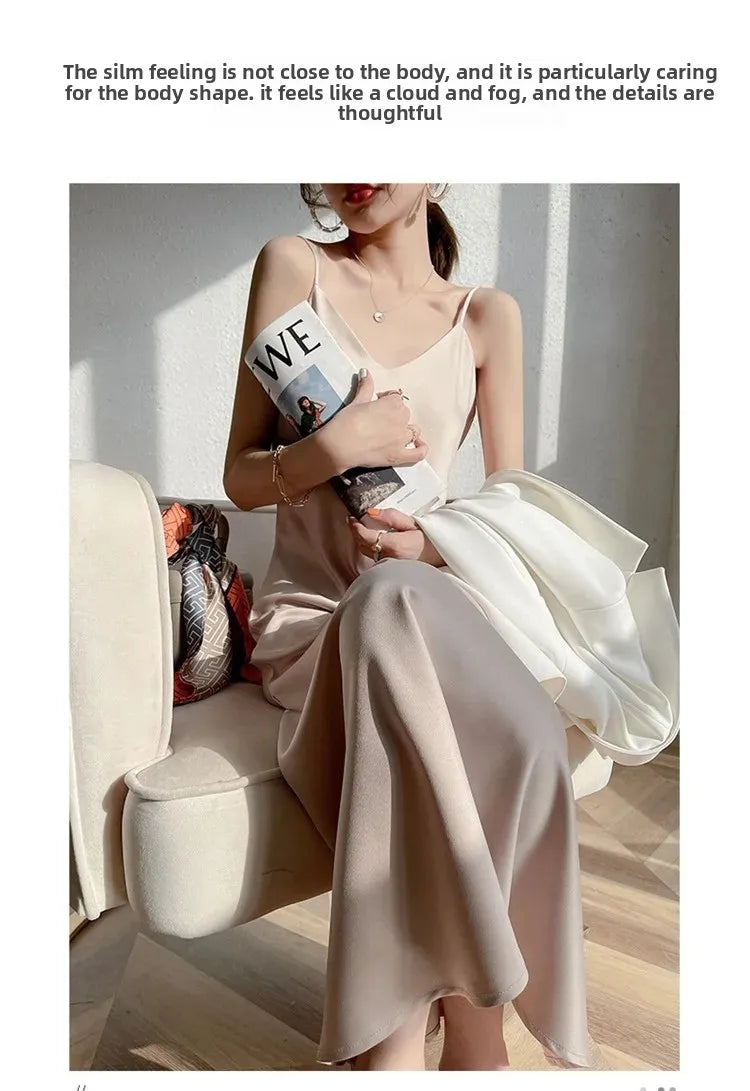 Silk V-neck Slim-fit Satin Dress Sexy Strap Long Gown for Women New 2025 Spring Summer Inner Wear Dress Elegant Lady Dress
