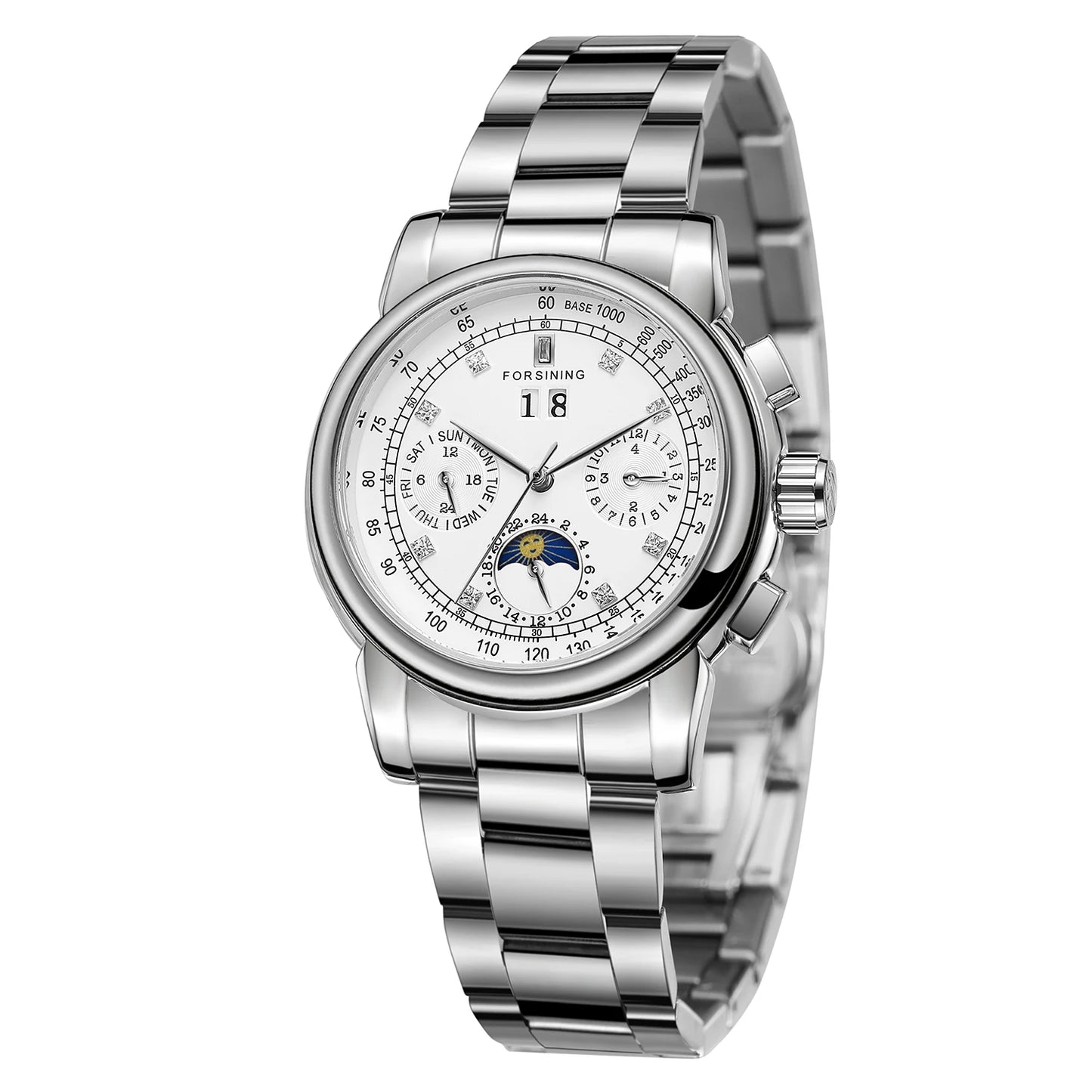 Forsining Fashion Ladies Stainless Steel Case Moon Phase Mechanical Watch Women's Multifunctional Diamond Dial Automatic Clock