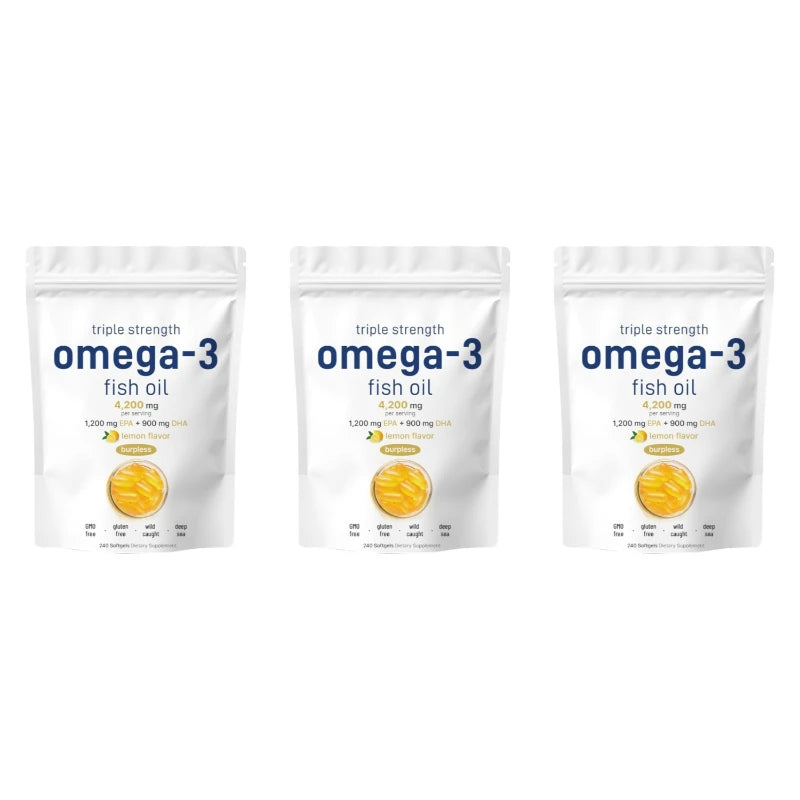 Triple Strength Omega 3 Fish Oil Supplements 4200mg Lemon Flavored, Burpless, EPA 1200mg DHA 900mg 240 Softgels