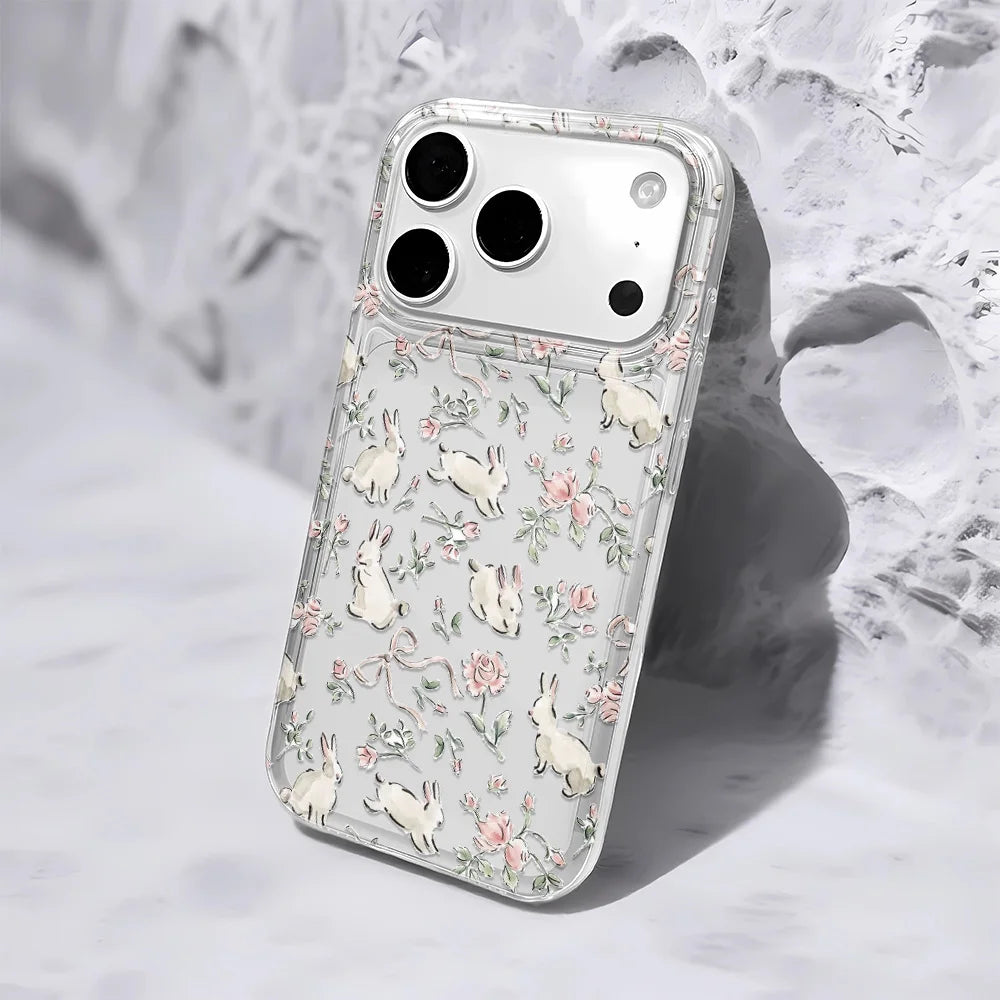 Cute Bunny Pink Floral Lichee Pattern Phone Case For IPhone 17 Air 16 15 Plus 14 Pro Max 11 12 13 Cute Shockproof Bumper Cover