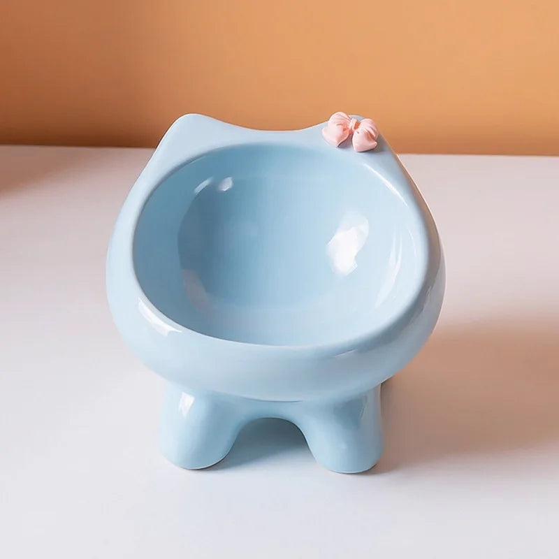 Ceramic Heightening Bowl Set | Cute Macaron Color Series，Slanted Spill-Proof，Cat Slow Feeder Bowl，InsEasy to Clean，Multi-Color O