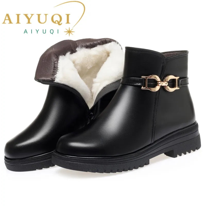 AIYUQI  Women's Winter Shoes Boots Non-slip Large Size 41 42 43 Women's Snow Boots Genuine Leather Warm Wool Mother Boots Women