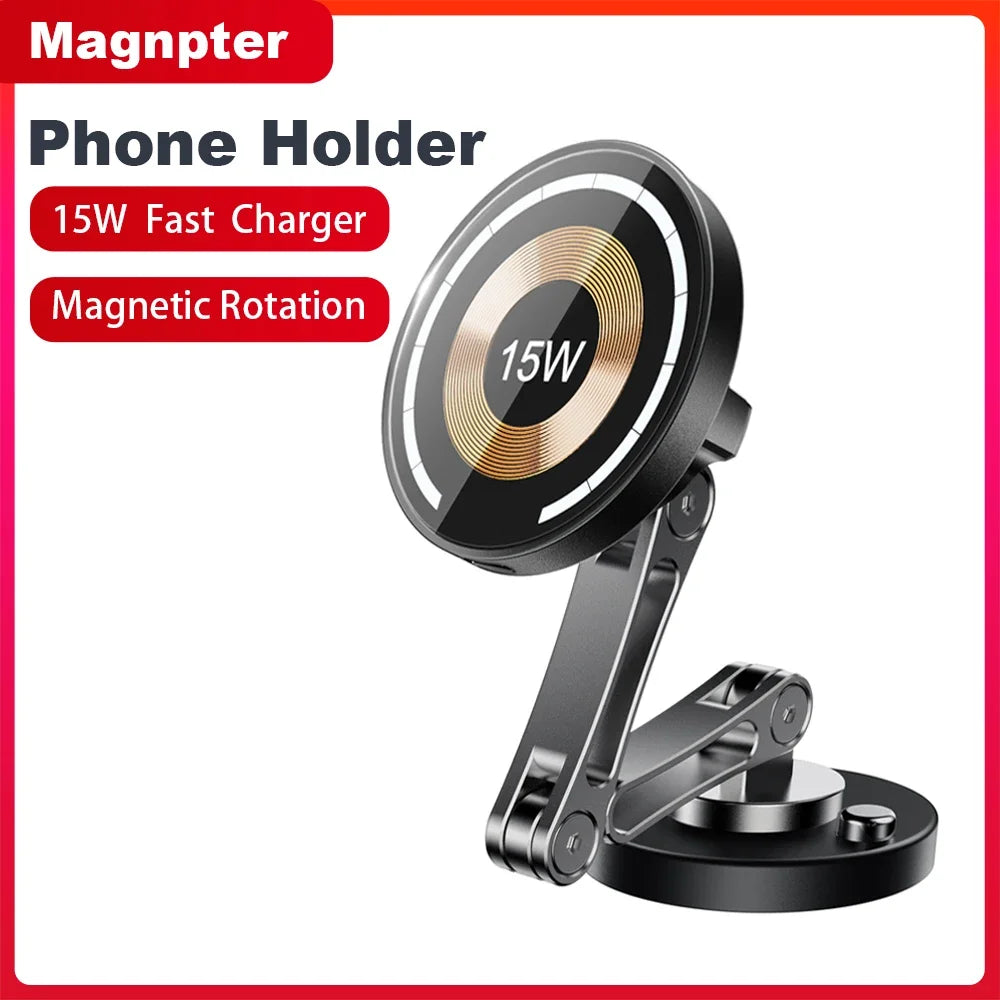 15W Magnetic Car Phone Holder Mount Wireless Charger Fast Charging Rotation Magnetic Car Phone Stand for IPhone 16 15 14 13 12