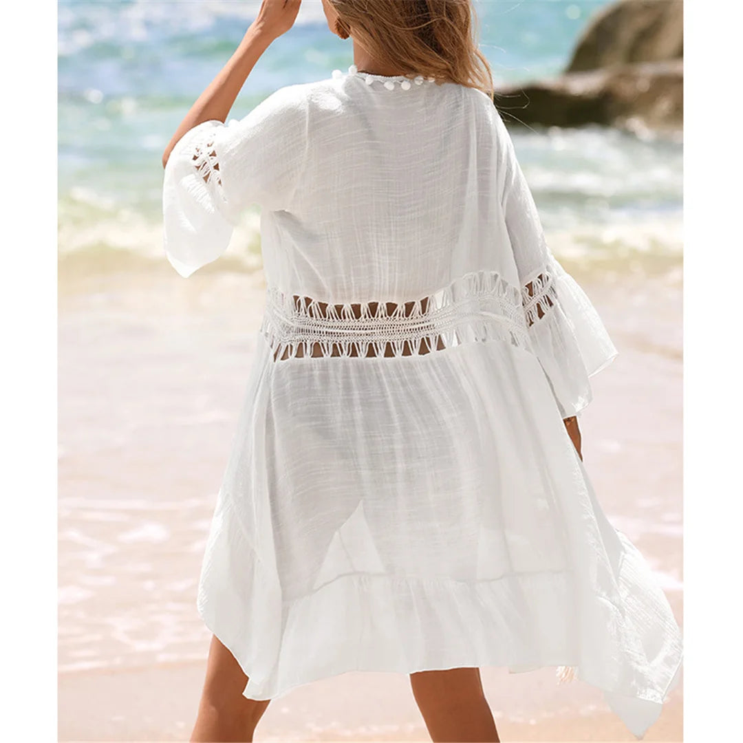 Cover-ups Beach Dress Beachwear Female Women Beach Wear V Neck Half Sleeve Splicing Crochet Knitted Tunic Beach Cover Up V7660