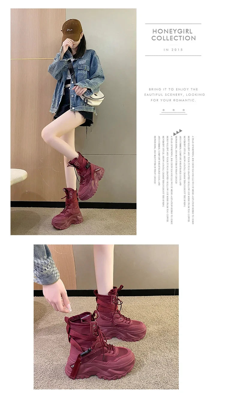 Hot Fashion Women Chunky Platform Motorcycle Boots White Lace Up Thick Bottom Shoes Woman Autumn Winter Ankle