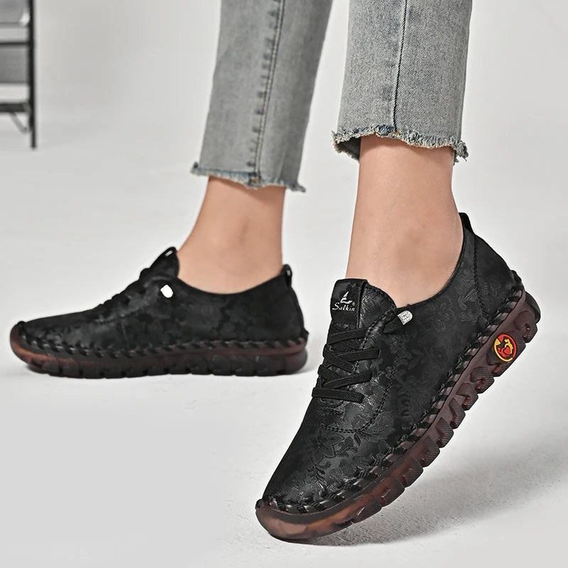 Print Fashion Sneakers Women Hand-stitching Leather Casual Shoes Design Platform Loafers Breathable Flats Shoe Driving Plus Size