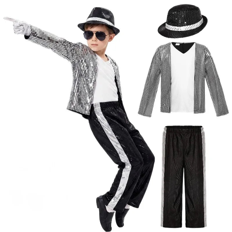 Boy Michael Jackson Billie Jean Cosplay Black Suit Dance Disco Halloween Fancy Dress Up 80s Pop King Costume for Kids