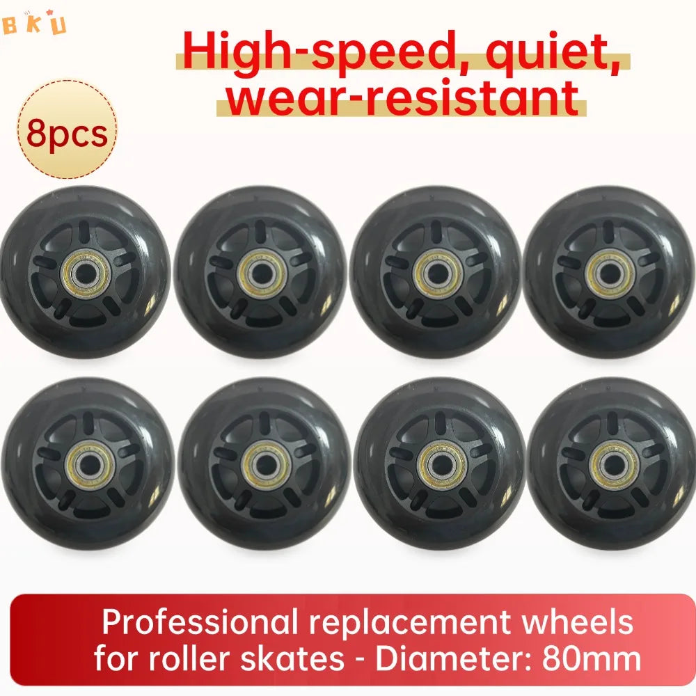 BKU 80mm PU Durable Replacement Wheels (8PCS) - Compatible with Inline Skates Scooters Strollers Suitcases