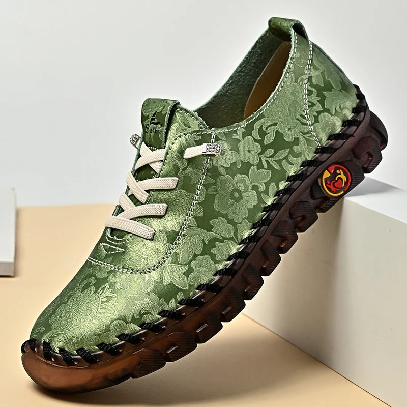Print Fashion Sneakers Women Hand-stitching Leather Casual Shoes Design Platform Loafers Breathable Flats Shoe Driving Plus Size