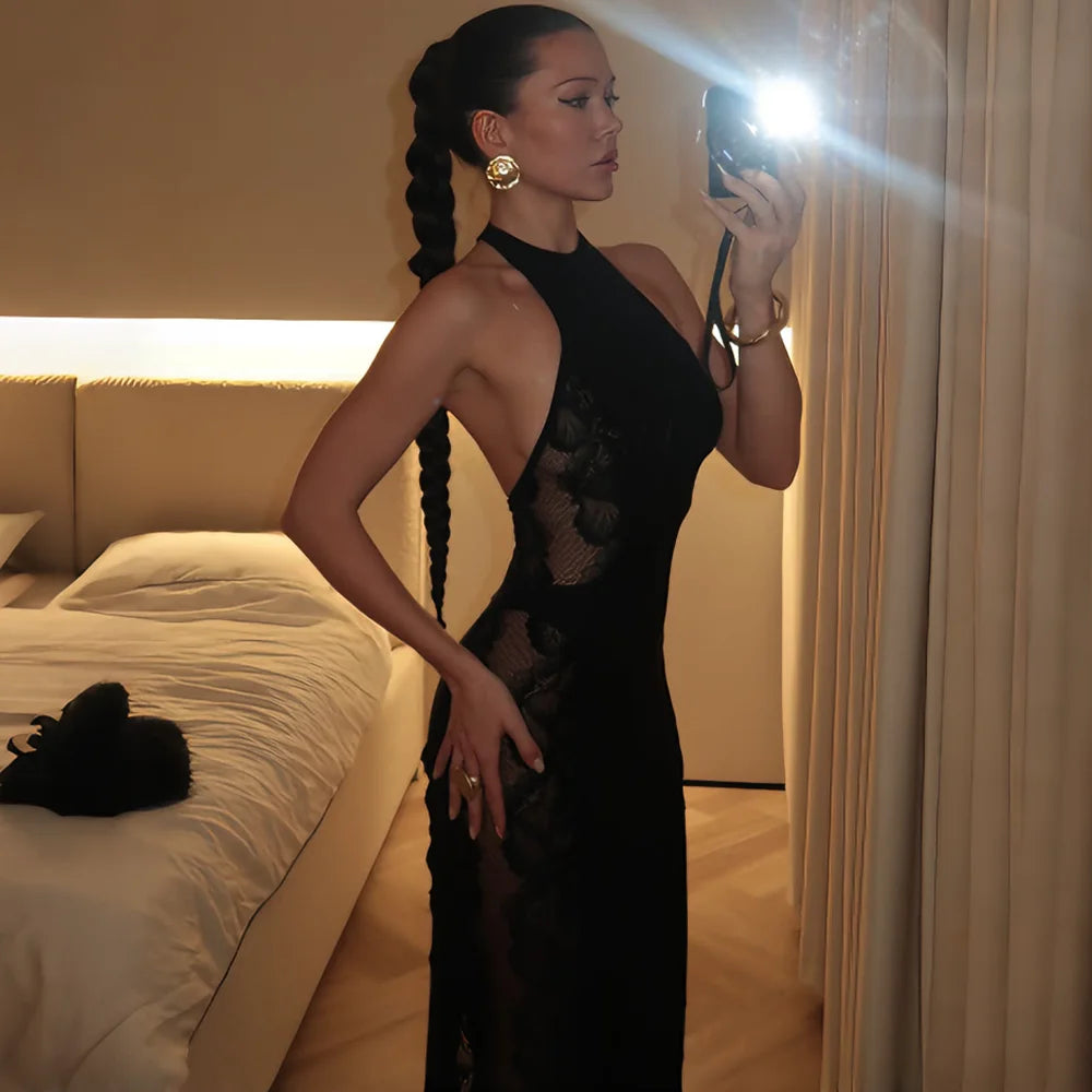 Talenza Luxury Lace Evening Dress Sexy  See-Through Cutout Lace Backless Dress Elegant Sleeveless Halter Neck Women Party Dress