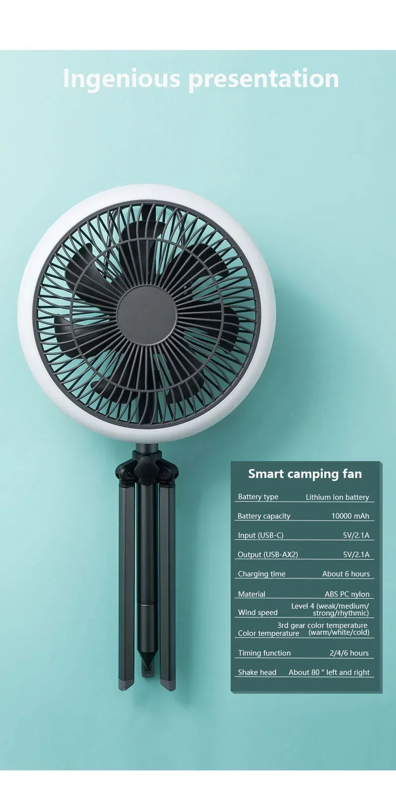 Outdoor Portable Remote Control Camping Fan Retractable Tripod Floor Fan USB Rechargeable 10000mAh Tent Ceiling Fan Ventilator