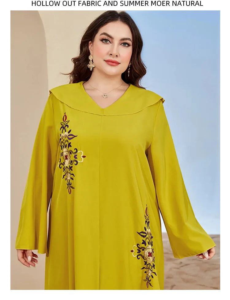 Long Sleeves Embroidered Abayas for Women Loose Casual Dress Plus-size Women's Dress Temperament Printed Muslim Dress Streetwear