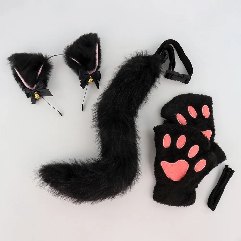 Halloween Cats Costume Set for Girl Cosplay, Halloween Cats Costume Accessories with Headband, Tail, Gloves 3Pcs