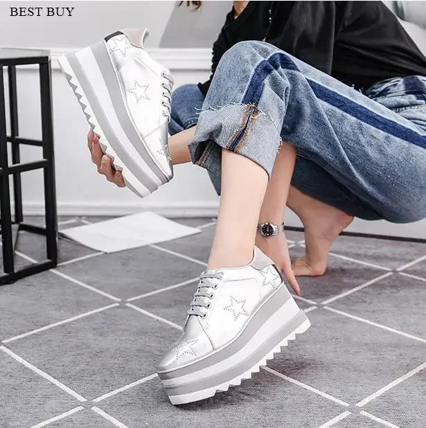 2024 Height Increasing Star Rivet Shoes Classic Platform Rose Gold sneakers Mix Color Square Toe Wedge Shoes Lace Up Lady Shoes
