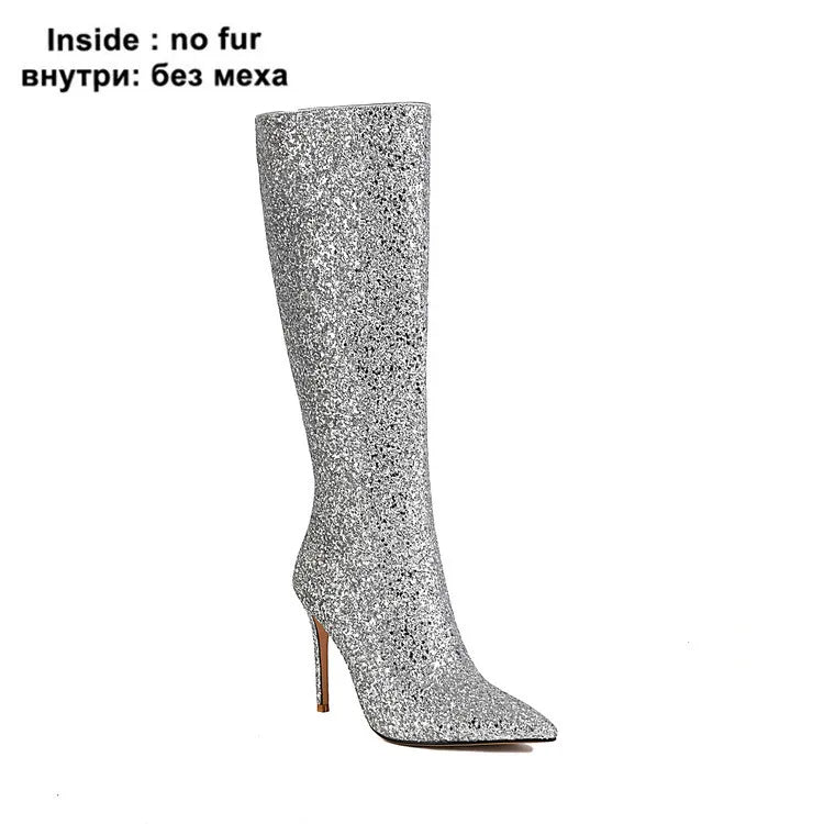 Ochanmeb Sexy Stiletto Heels Silver Red Glitter Boots Women Thin High Heeled Bling Bling Gold Sequined Knee-high Long Boot Party