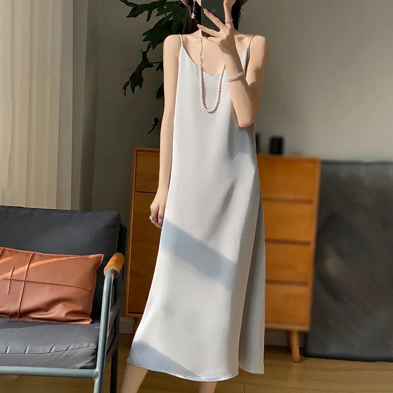 Silk V-neck Slim-fit Satin Dress Sexy Strap Long Gown for Women New 2025 Spring Summer Inner Wear Dress Elegant Lady Dress