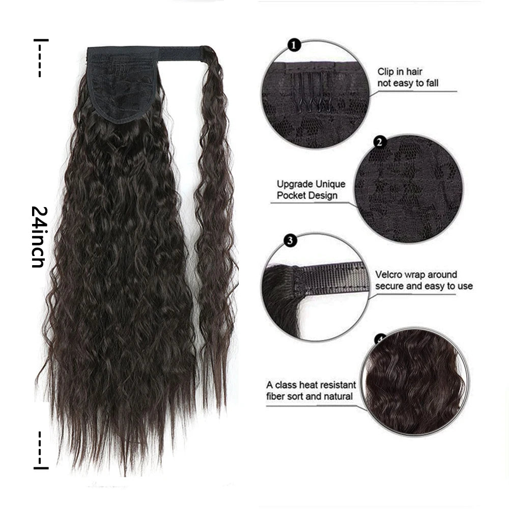Synthetic Long Corn Wave Ponytail Extension Magic Paste Heat Resistant Wavy Wrap Around Ponytail Black Hairpiece for Women
