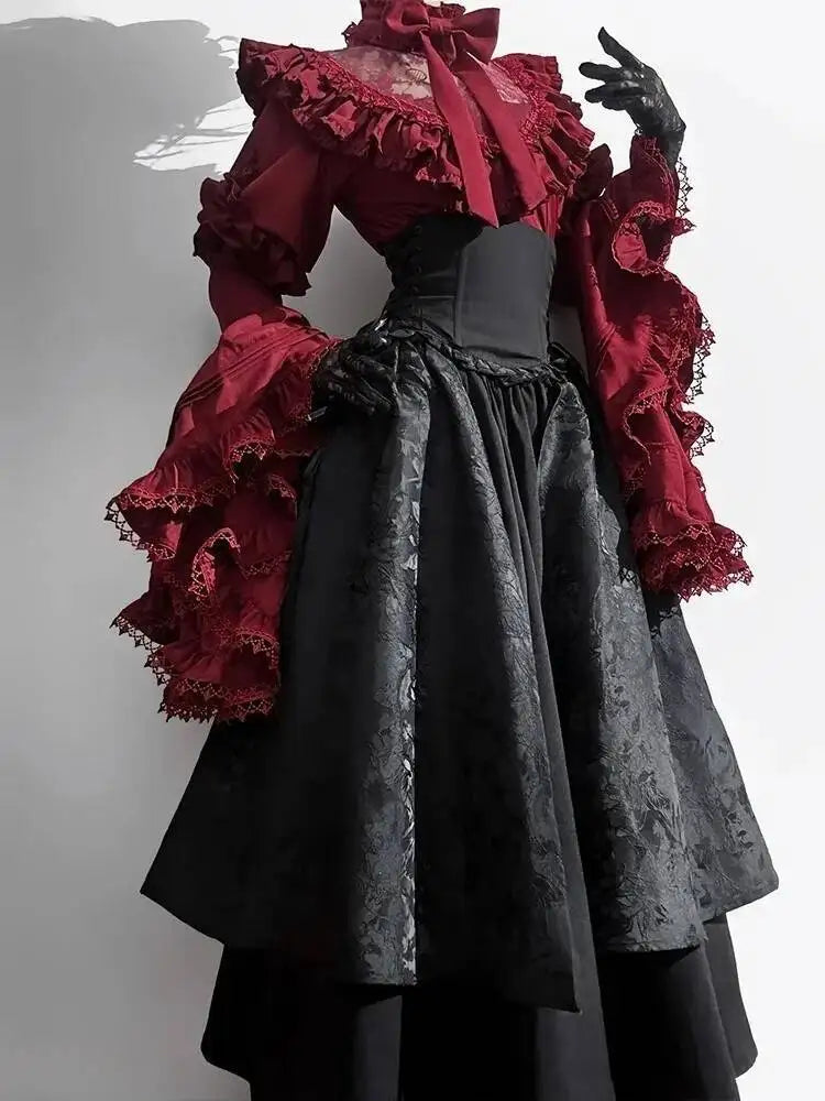 Halloween costume black and red gothic Lolita half skirt long skirt shirt two-piece set 2025 new Lolita