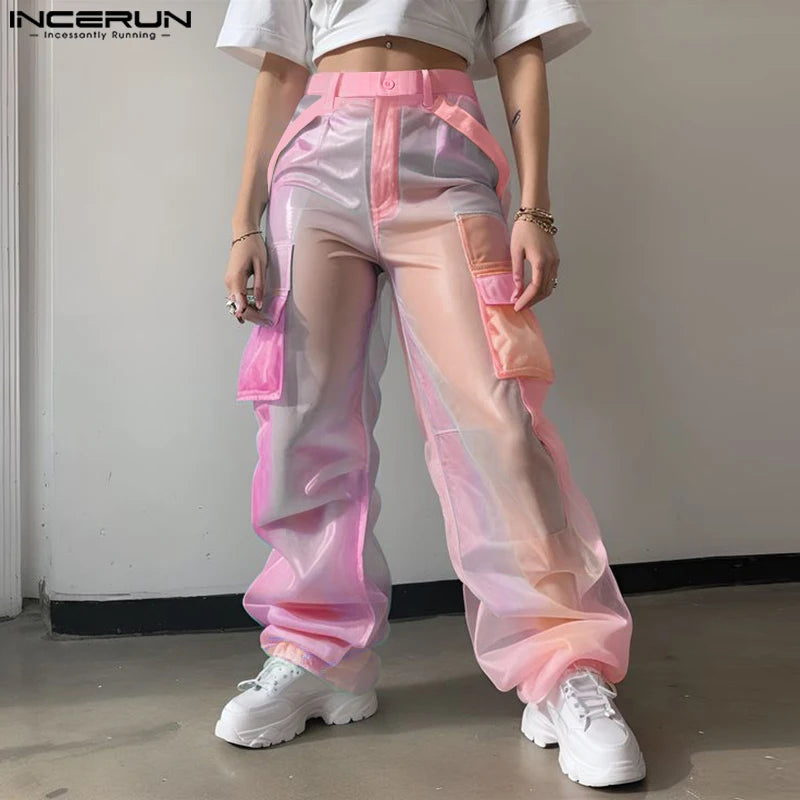 INCERUN Men Pants Mesh Gradient Button Joggers Straight Trousers Men Joggers Streetwear Pockets Oversize Fashion Long Pants 2026