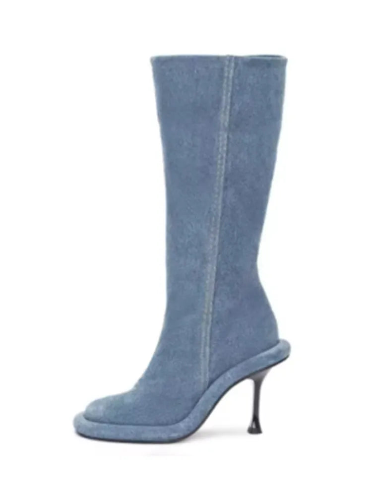 2025Women's New Slim High-heeled Knee High Boots with Side Zipper Round Toe 34-43 Large Mid Length Boots