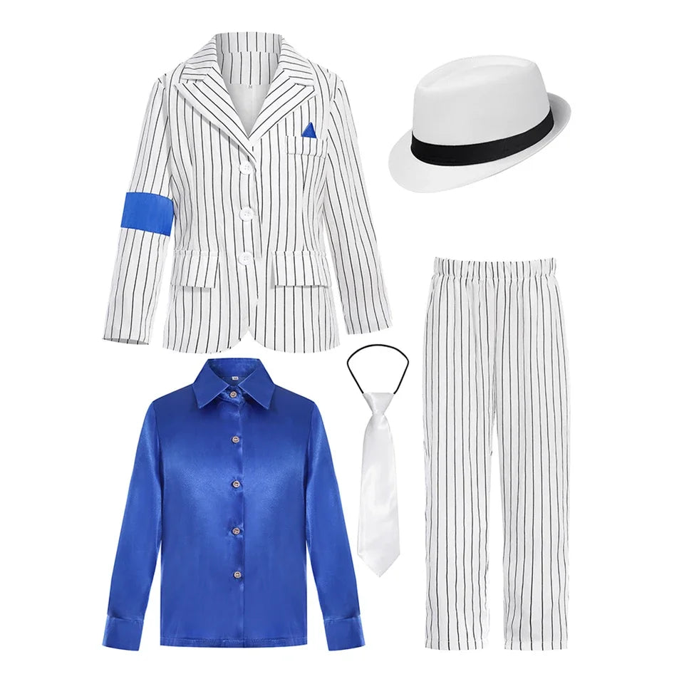 Halloween Carnival Boys Jackson Costume Dancer Singer Moonwalk Stage Outfits 80s Pop Rock Superstar Dress Up White Striped Suit