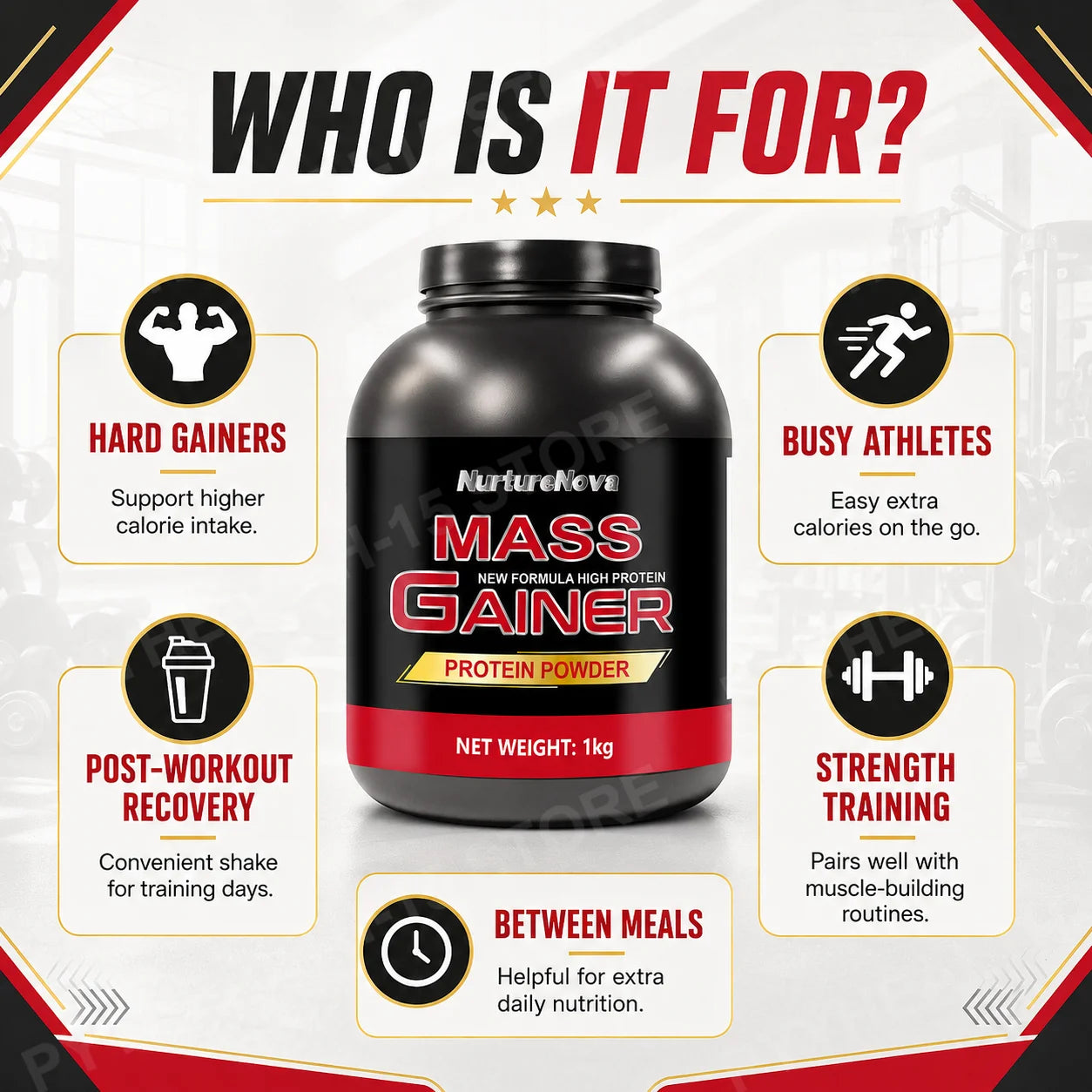 Mass Gainer Protein Powder 1kg Chocolate Flavor, Carb Protein Shake Mix for Adults Fitness Nutrition, Approx 20 Servings