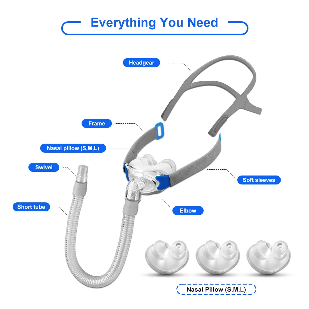 Nasal Pillow CPAP Mask Includes Frame,Headgear & Nasal Pillow Cushions (Small, Medium, Large) Lightweight For Cpap&Bipap Machine