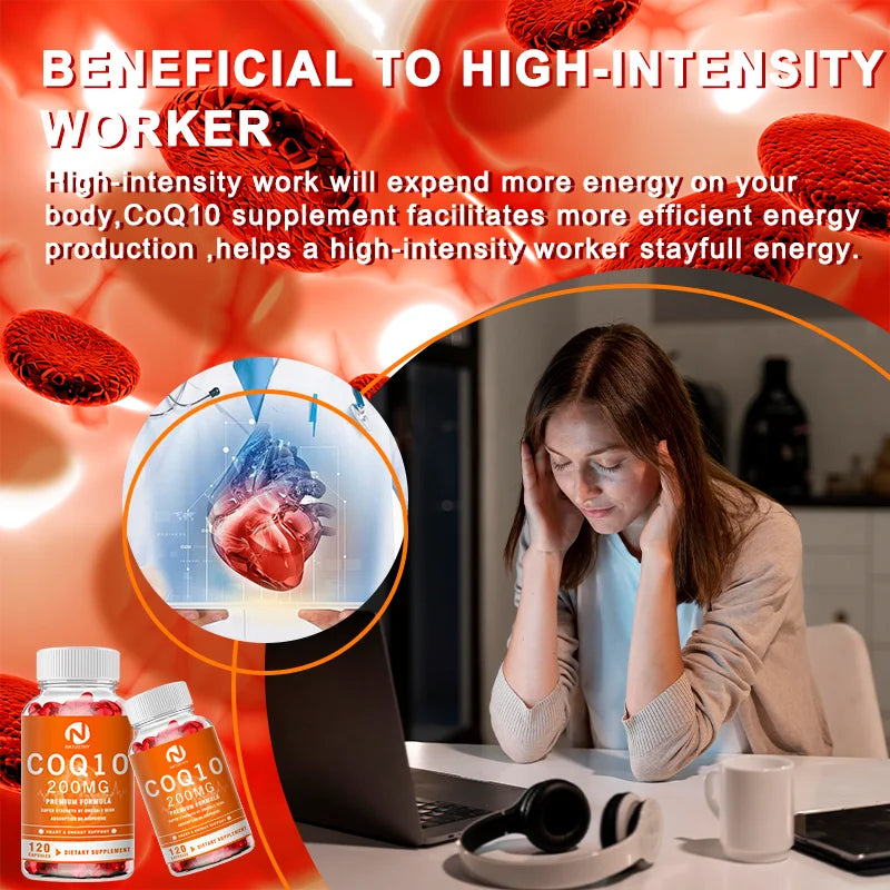 COQ10 Coenzyme Q10 200mg for Energy, Antioxidant, Cardiovascular, Brain Health Natural Non-GMO