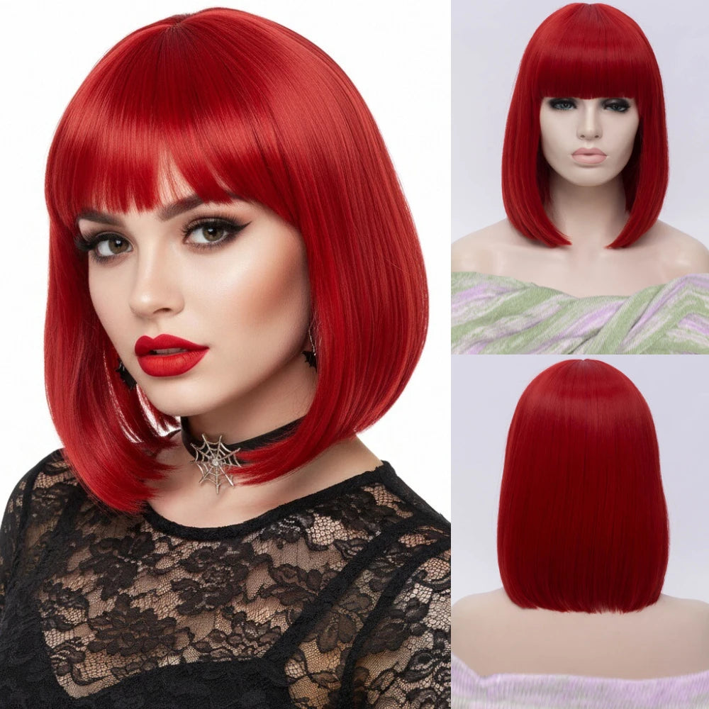 MSIWIGS Women Synthetic Straight Short Bob Wigs With Bangs Blue Golden Red Black White Purple Green Brown Cosplay Wig Female