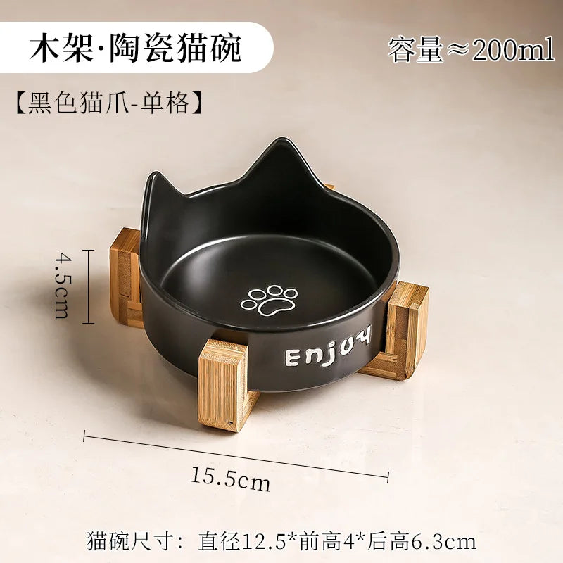 Ceramic Double Bowl Pet Cat Bowl Anti-Slip Heightened Bamboo Table Feeding Bowl Pet Supplies Water Feeders Small Dogs Supplies