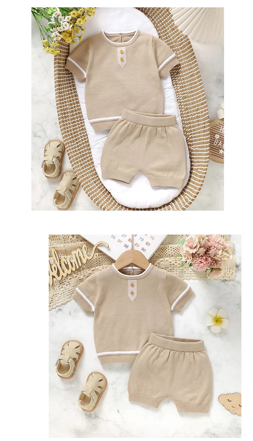 Summer Solid Short Sleeve T-Shirts+Shorts 2PCS Outfits for Newborn Boys Cotton Clothes Sets 0-18m Infant Knit Tracksuits Costume