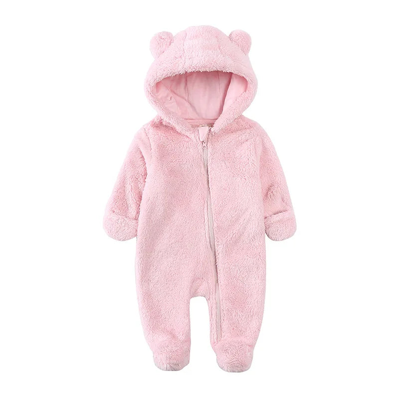 2025 Warm Footed Baby Romper Zipper Closure Fall Newborn Bear Ear Hooded Fuzzy Onesie Outfit Infant Boys Girls 100 Days Jumpsuit