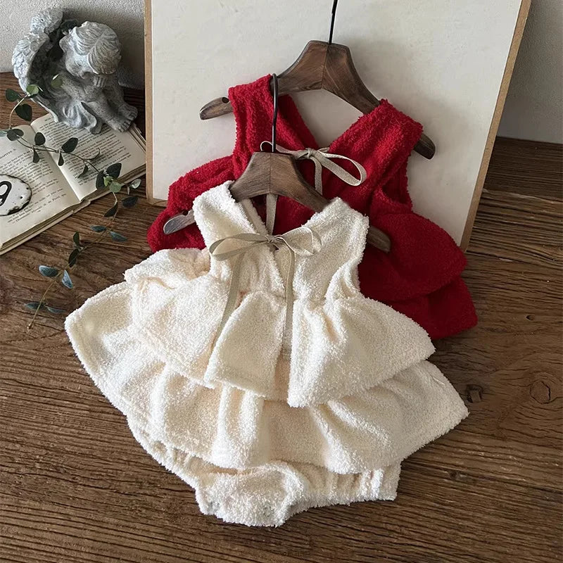 MILANCEL New Winter Baby Bodysuit 3-24M Solid Color Sweet  Infant Girls Pinafore Dress Cute Bow Thicken Loose Toddler Clothes