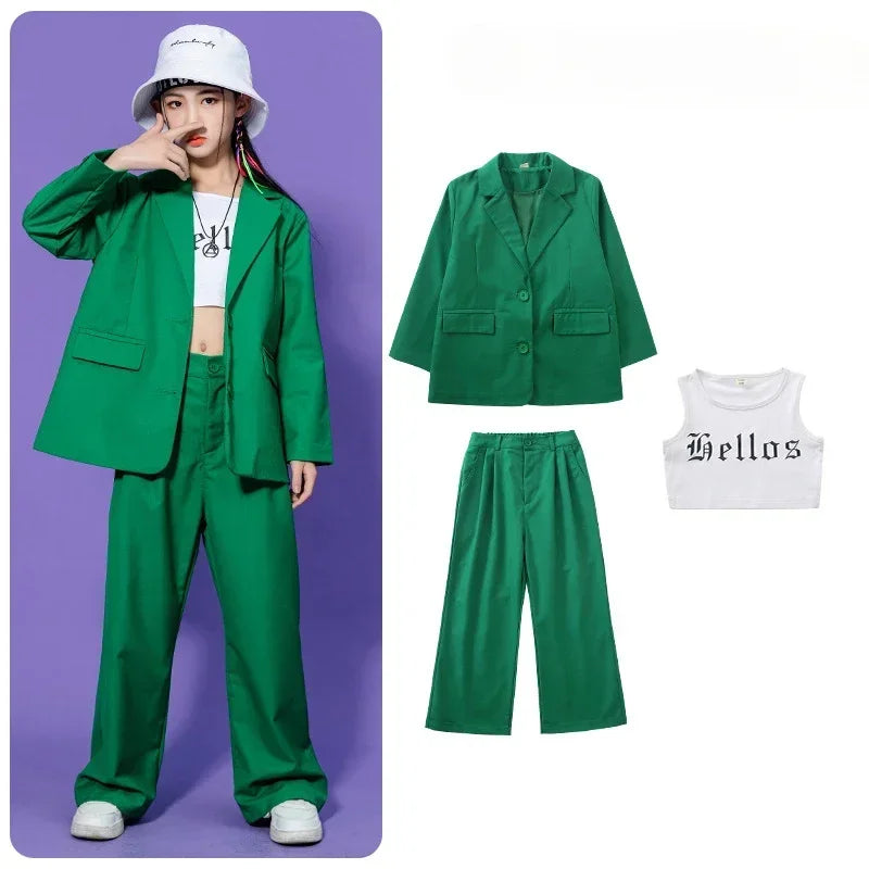 Kids Hip Hop Dance Costume Boys Girls Blazer Pants Set Streetwear Outfit for Stage Performance Competition Jazz Dance Photoshoot