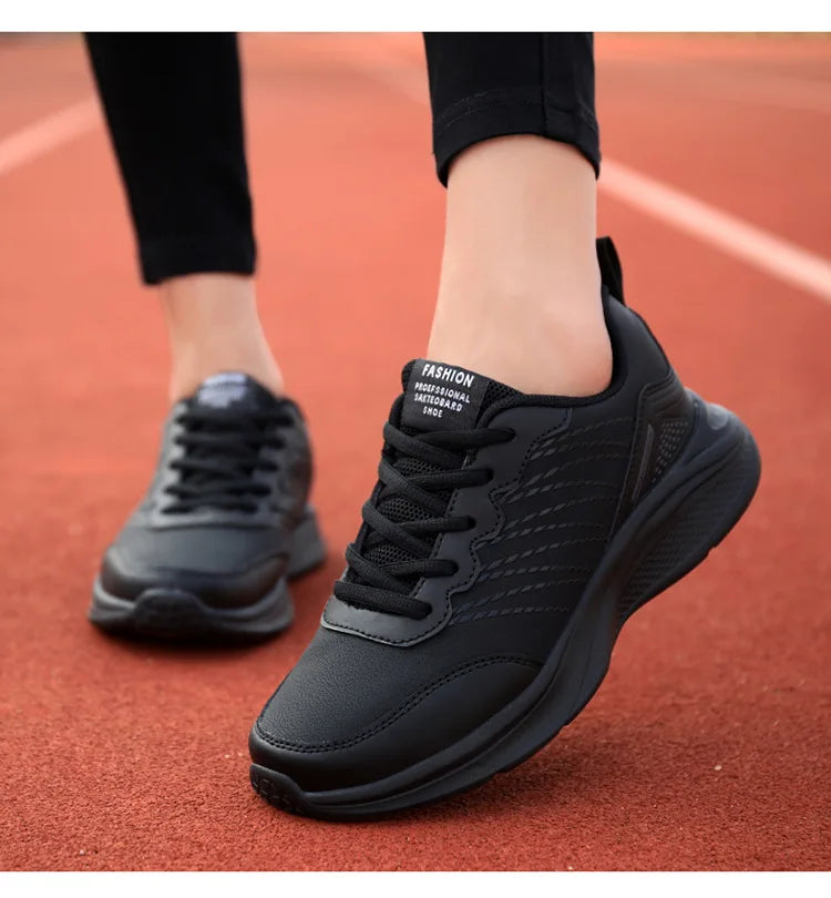 Waterproof Leather Chunky Sneakers for Women, Running Shoes, Casual Sports Shoes, Black Trainers, Autumn, Spring