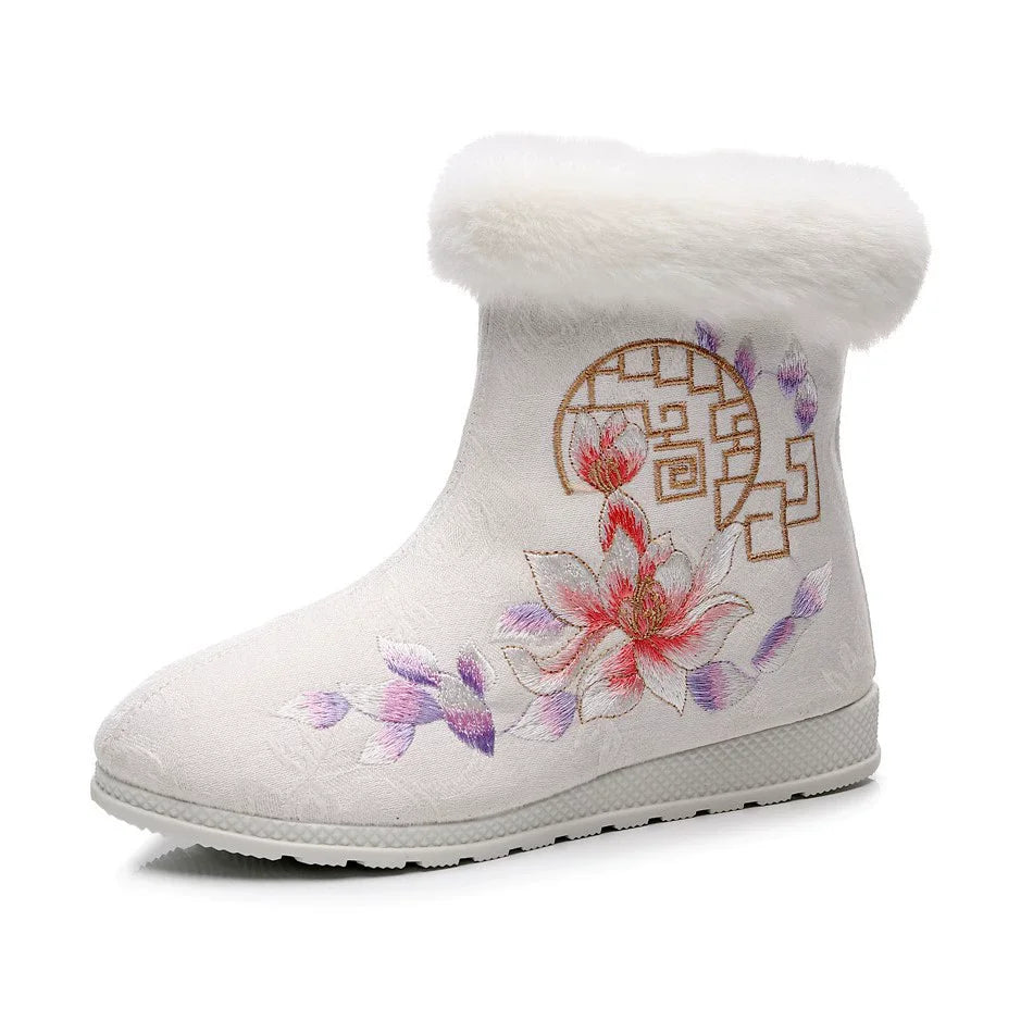 Winter Fashion Shoes Embroidered Fur Boots For Woman Bota Ancient Costume Botines Para Mujeres Hanfu Women's Boots Botas Mujer