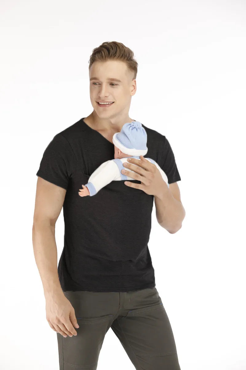 Kangaroo Pocket T-Shirt Nylon Cotton Father Mother Short Sleeves Tops Baby Summer Pregnancy Safety Carrier Feeding Clothing