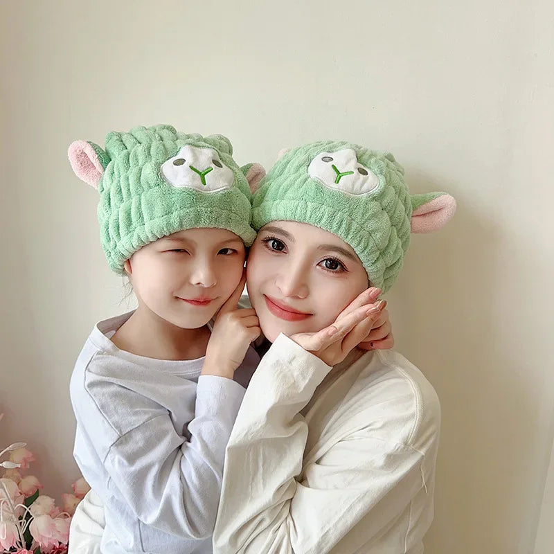 Coral Fleece Cartoon Kids Hair Drying Hat Animal Embroidered Shower Cap Absorbent Quick Dry Tape Cute Bathroom Accessory Soft