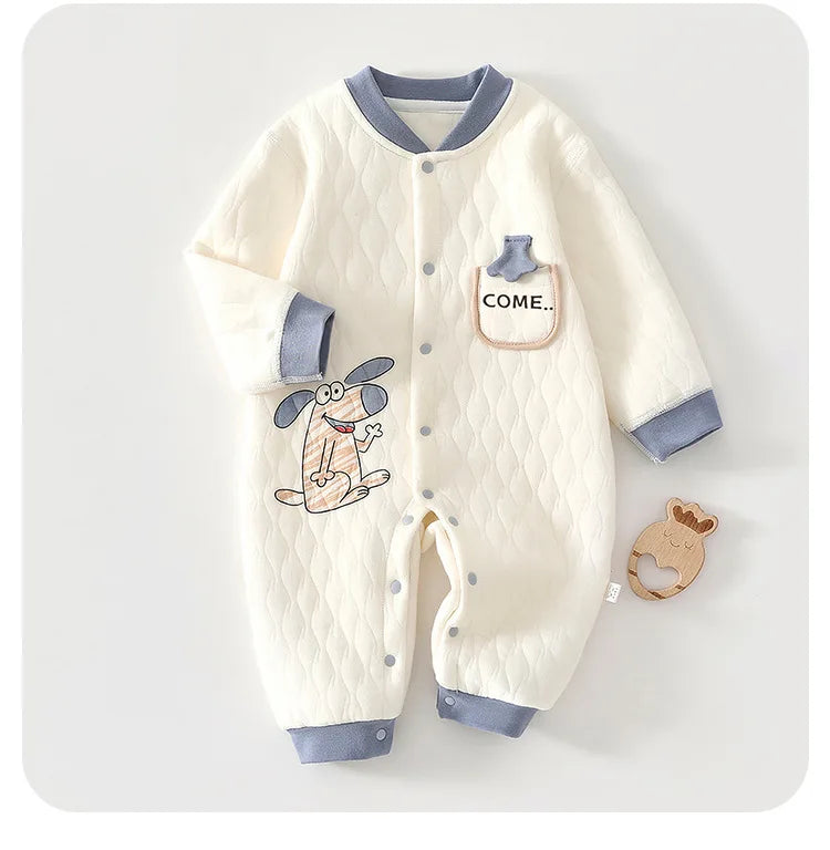 0-2Y Newborn Girl Boy Spring Bodysuit 2026 Baby Cotton Quilted Seamless Romper Autumn Warm Printed Soft Skin-Friendly Sleepwear