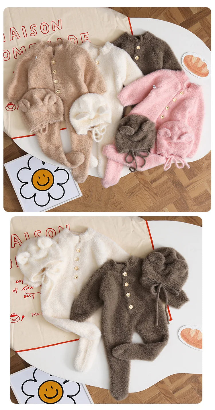 HoneyCherry Baby Solid Color Footies Cute Footed Hoodie Plush Pajamas Homewear Baby Clothes