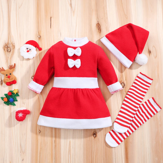 IURNXB Infant Baby Girl Dress with Hat Socks Christmas Outfits 3pc Set Cute Santa Claus Long Sleeve Princess Skirt Dresses 0-18M